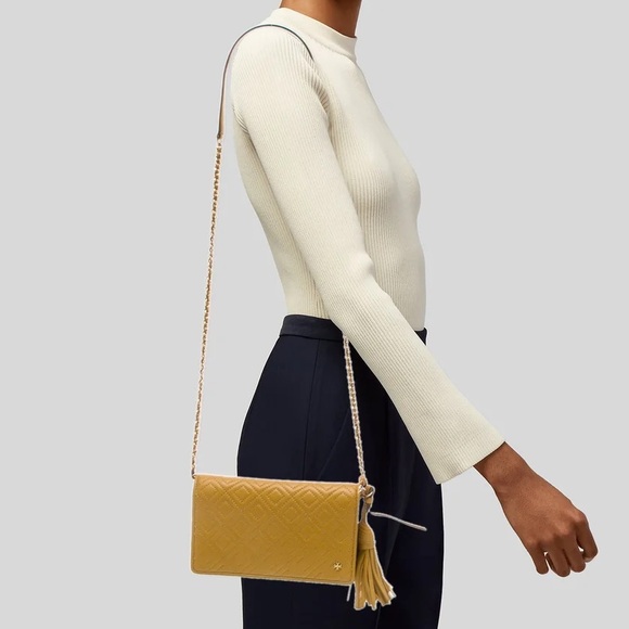 Tory Burch Fleming Mustard Quilted Leather Crossbody Bag - Picture 3 of 6